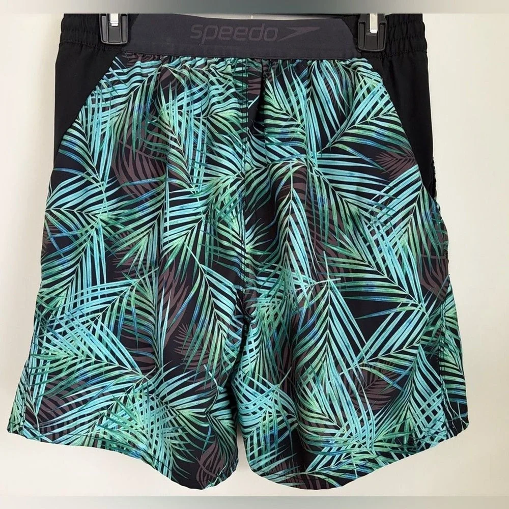 Speedo Men's Swim Shorts Size Medium Palm Leaf Black Blue Green Vacation Summer